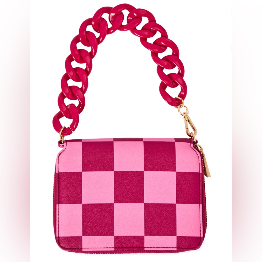 Pink light pink checkered acrylic chainlink wristlet purse clutch wallet new